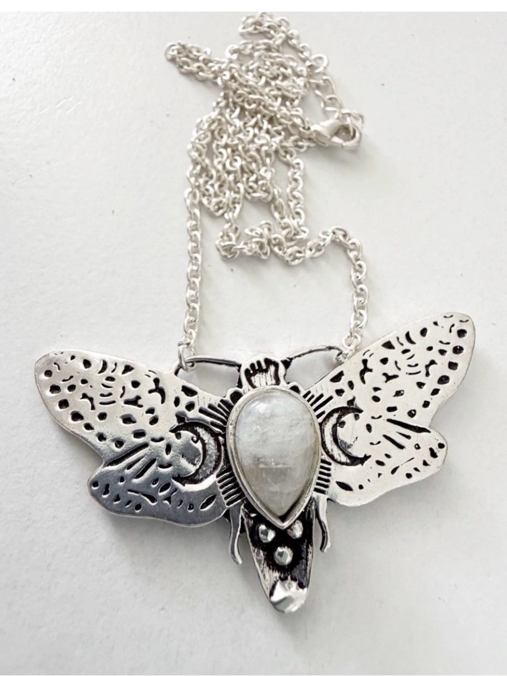 925 Sterling Silver Moonstone Moon Moth Pendant Necklace jewelry - Picture 4 of 10